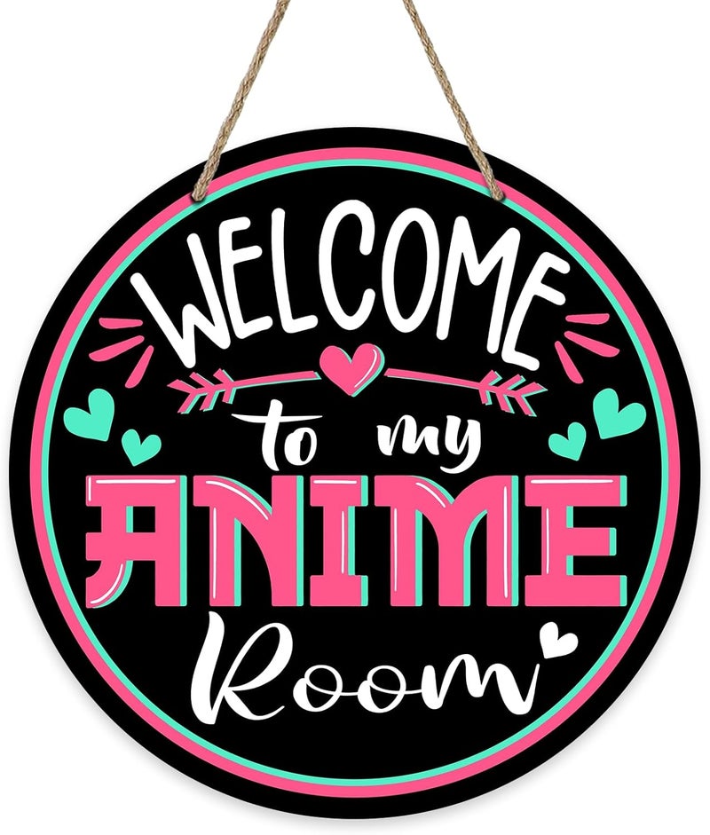 Bolisom Welcome to My Anime Room Front Door Sign, Anime Lovers Wood Door Hanger Girl Bedroom Decor, Funny Wooden Wreath Indoor Home Living Room Wall Hanging Decoration - Image 1